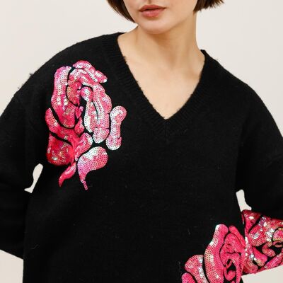Sequin Embroidered V-Neck Sweater – Sparkling Elegance