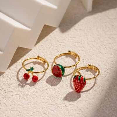 Set of 3 Fruit Rings – Cherry, Strawberry & Watermelon – Adjustable Stainless Steel