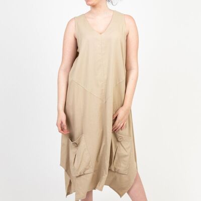 Robe en lin coupe trapèze beige (C8019)