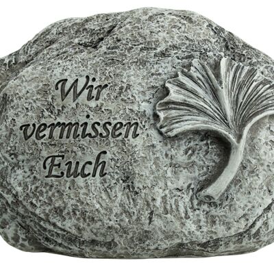Stone oval with ginkgo leaf text "We miss you"
