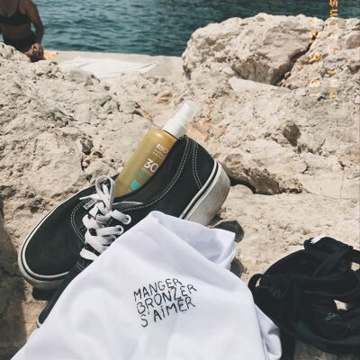 Hand-embroidered "EAT TAN LOVE YOURSELF" T-shirt