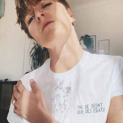 Hand-embroidered "NO DEBATE, JUST FIGHT" T-shirt
