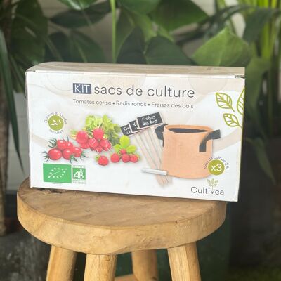 Kit de sacs de culture bio – tomates cerise, radis ronds et fraises des bois