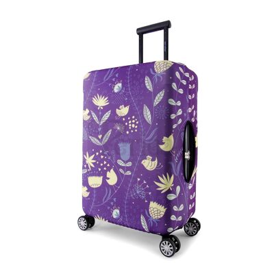 Housse de valise Periea – Violet avec oiseaux jaunes – 3 tailles