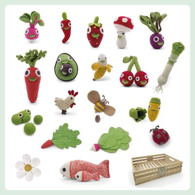 JUGUETE DE GANCHILLO 100 % ALGODÓN ORGÁNICO - Mezcla de verduras con ojos (1 pieza/diseño)