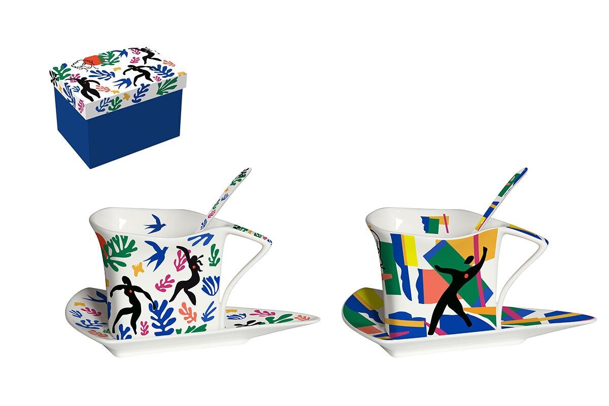 SET DI 2 TAZZE TRIANGOLARI IN PORCELLANA 180 ML + PIATTINI + CUCCHIAI – MATISSE SPIRIT