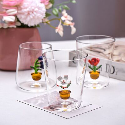 3D Flower Handleless Cute Glass Cup Tumbler