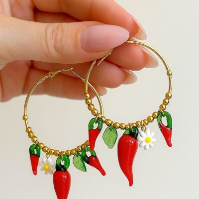 Orecchini a cerchio in acciaio inossidabile con ciondoli a forma di peperoncino rosso