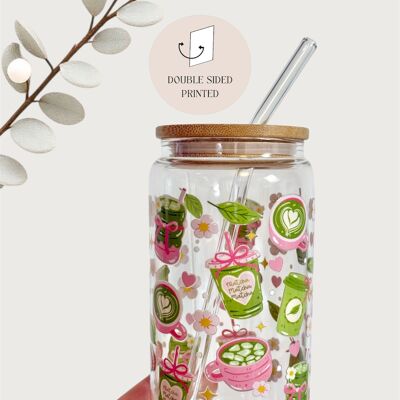 Tasse en verre à matcha avec couvercle et paille, double face