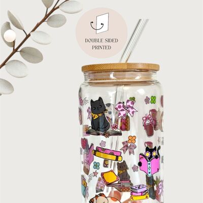 Vaso de cristal de doble cara con tapa y pajita Cats & Books
