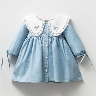 A Pack of Four Sizes Baby Girl Embroidered Denim Dress with Lace Collar (9–24 M)