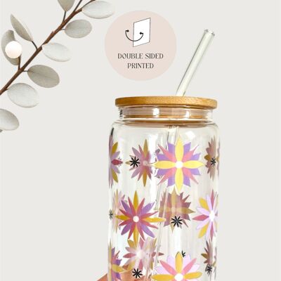 Vaso de vidrio de doble cara con tapa y pajita con diseño de flores de mosaico