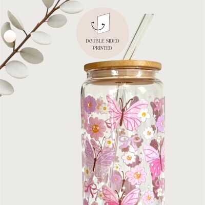 Gobelet en verre papillon rose et violet + couvercle en bambou et paille