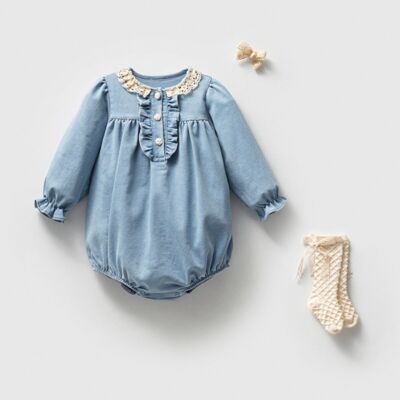 Lot de 4 barboteuses en jean pour bébé fille avec nœud et chaussettes, tailles 9 à 24 mois