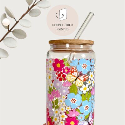 Tasse en verre colorée avec couvercle en bambou et paille en verre
