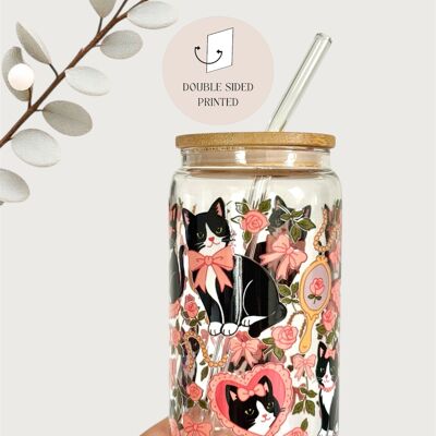 Preppy Cat glass cup with bamboo lid and glass straw