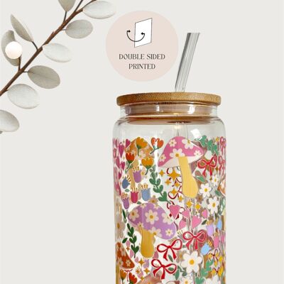 Tasse en verre Mushroom Bow Garden avec couvercle en bambou et paille