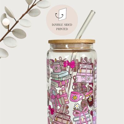 Gobelet en verre double face Coquette Books avec couvercle et paille