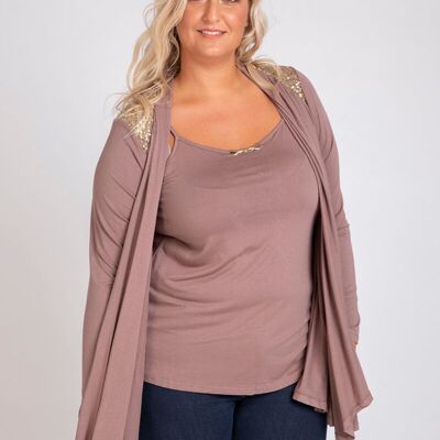 Conjunto de chaleco y top con diamantes de imitación marrones de talla grande (A327)