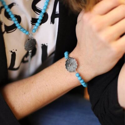 Bracelet Mala Turquoise, acier/or rose