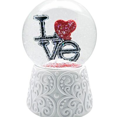 Globo di neve moderno di design LOVE su base ornamenti bianchi con carillon diametro 100 mm