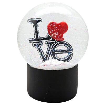 Globo di neve moderno di design LOVE su base nera rotondo diametro 100 mm