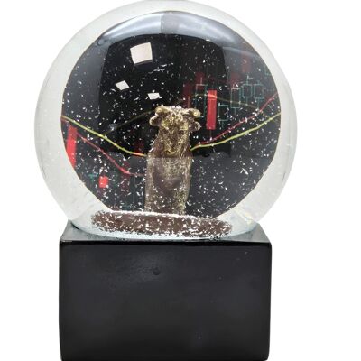 Modern designer snow globe stock exchange bull & bear on base black corner 100 mm diameter