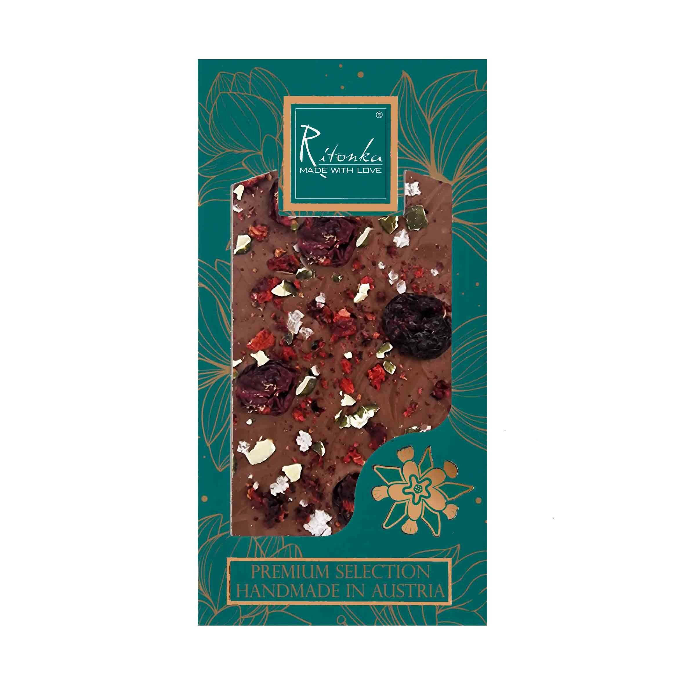 Premium Milchschokolade - Kirsche, Kürbiskerne, Salz 95g