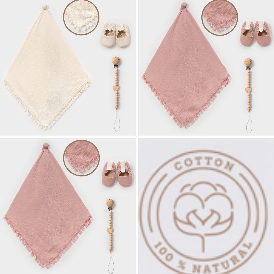 Set per neonati in mussola da 3 pezzi: copertina, clip per ciuccio e scarpine