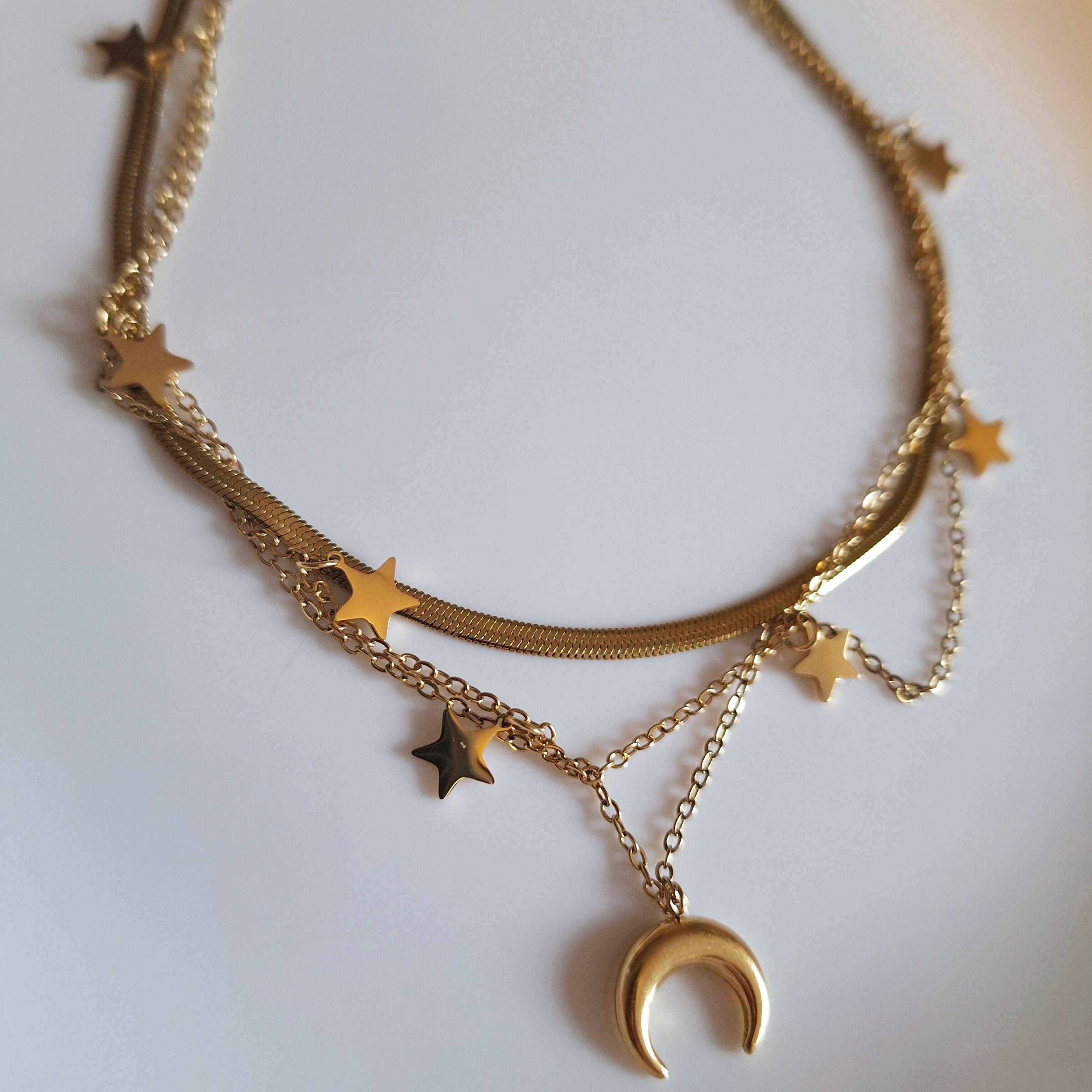 Triple Row Inverted Moon & Stars Necklace