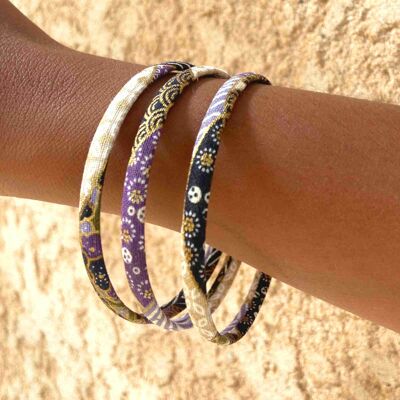Bracciale piatto in tessuto giapponese Nami nei colori Ecru, Nero, Malva e Oro