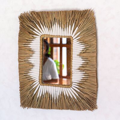 Miroir mural en jonc de mer – Miroir suspendu bohème rectangulaire – Miroir mural à franges avec motif coton blanc 60x50 cm KIRANA
