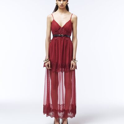 Sheer Dotted Lace Layered Maxi Dress in Burgundy Red