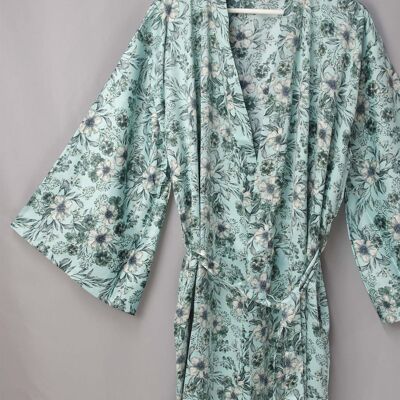 Nuovo lussuoso kimono in seta Boho - blu uovo d'anatra con fiori neri