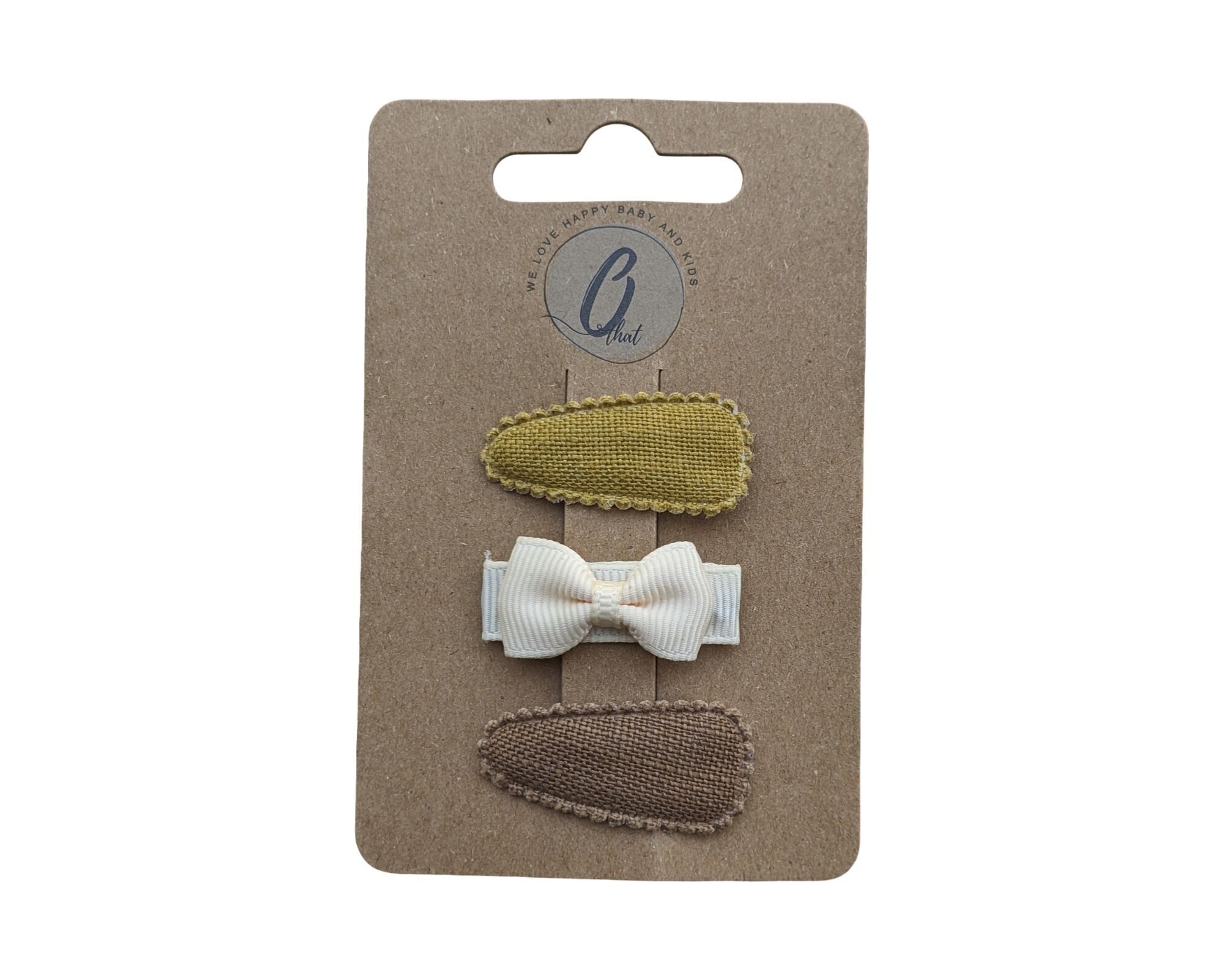 Baby-Haarspangen Grosgrain Mini Ocker/weiße Schleife/braun (3 Stück pro Karte)