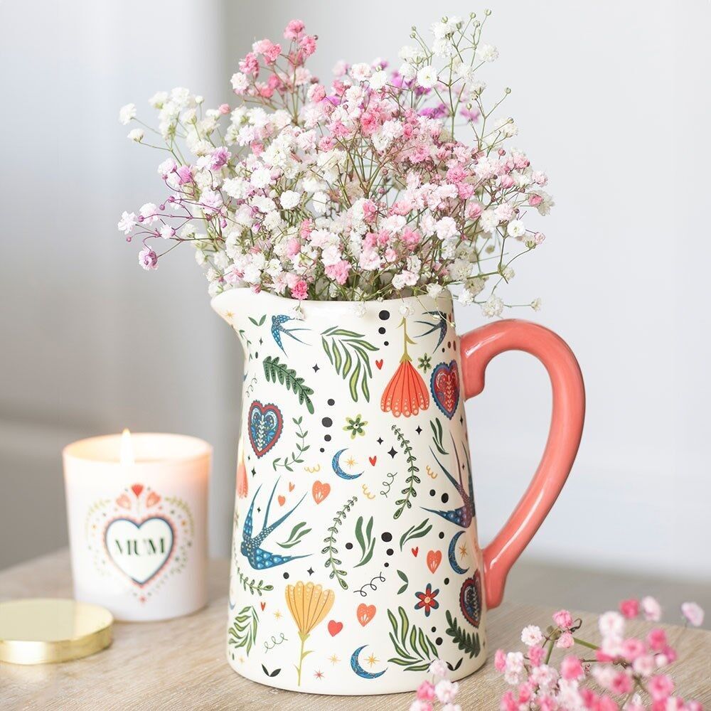 Cremefarbener Keramik-Blumenkrug mit Folk-Print