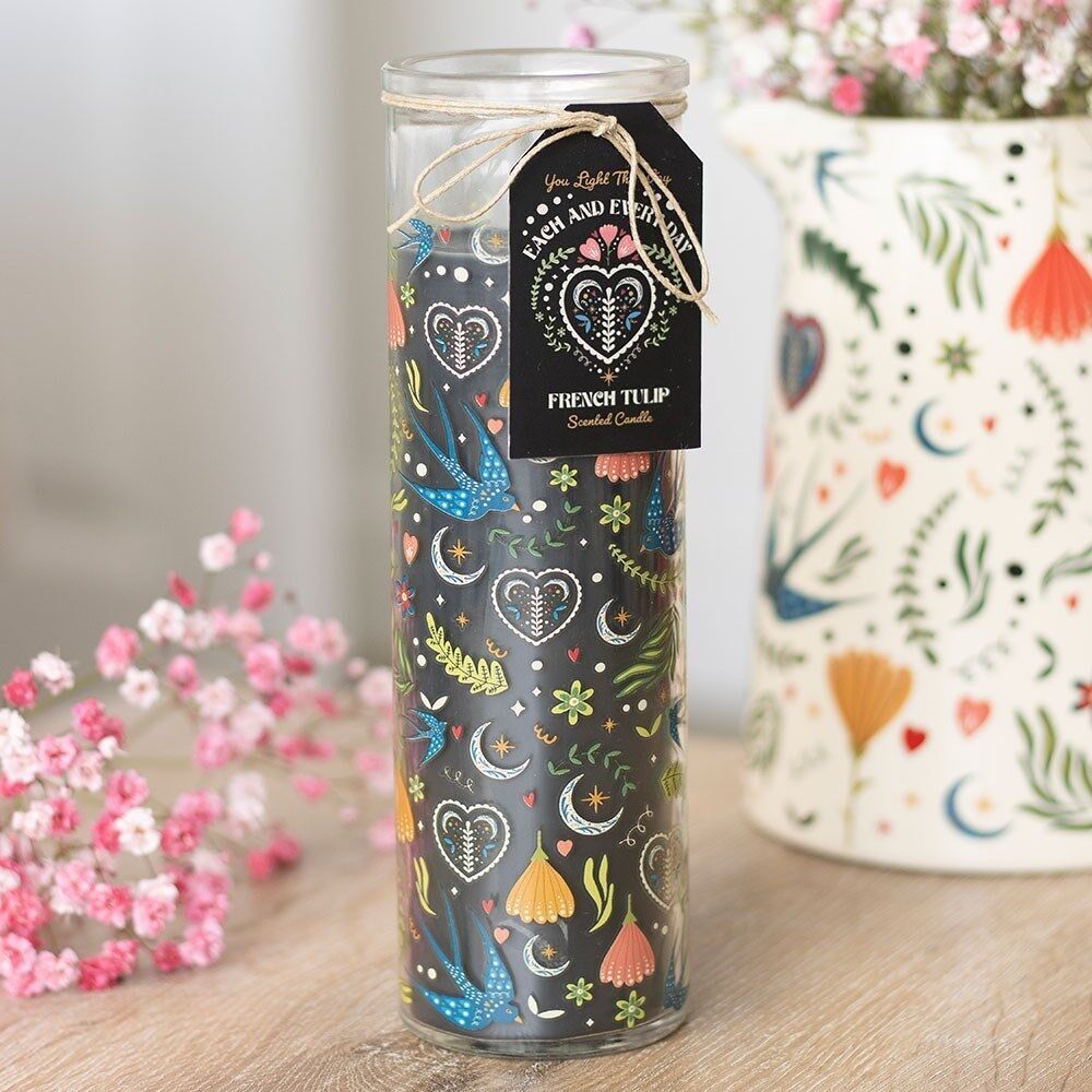 Candela tubolare con stampa Midnight Bloom a forma di tulipano francese
