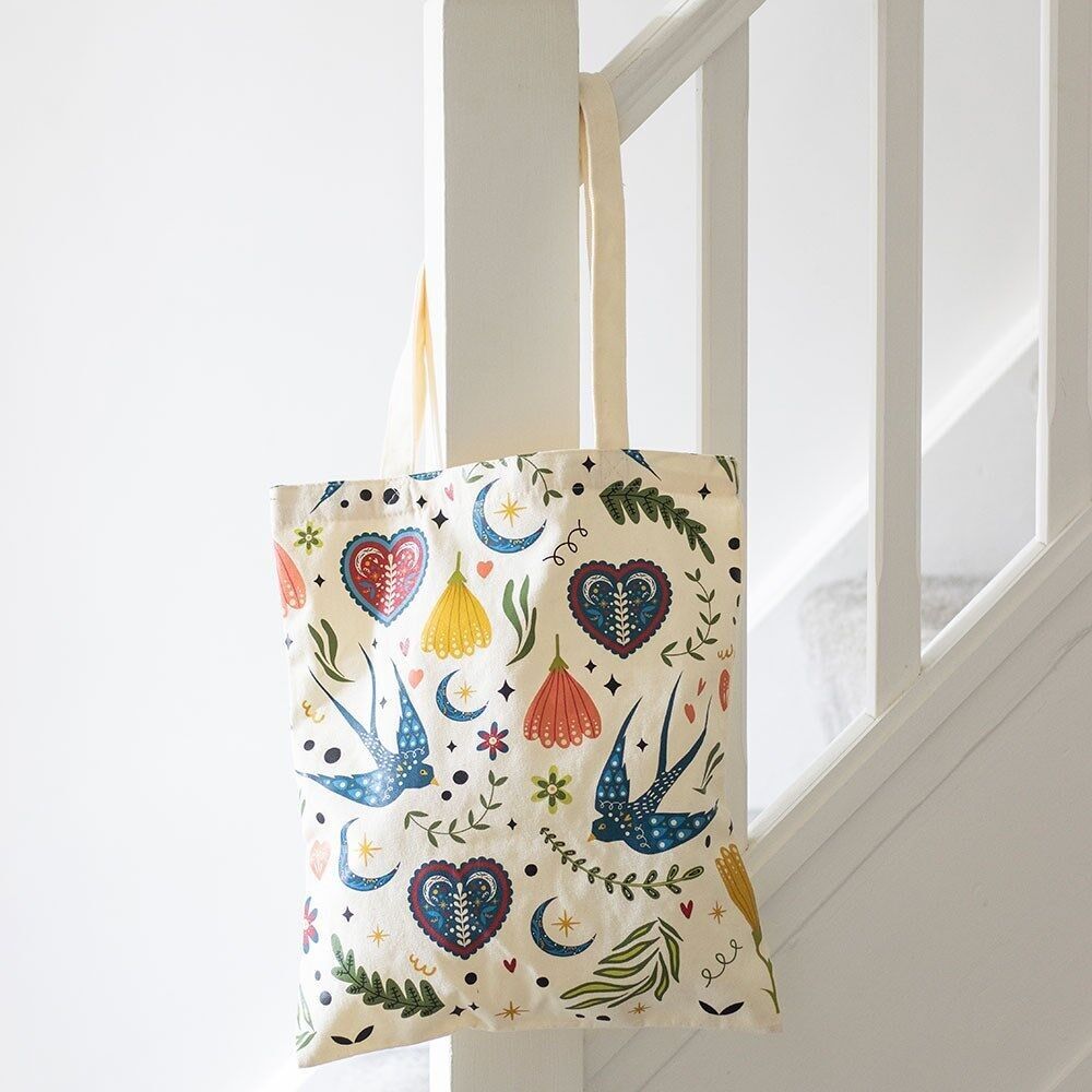 Borsa tote in policotone con stampa folk color crema