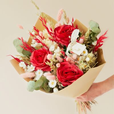 Bouquet romantique de fleurs séchées et artificielles - Rouge - Grand