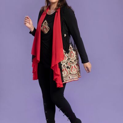Plus size red embroidered top + vest set (A823)