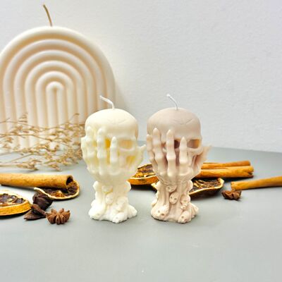 Candela a forma di teschio in mano di scheletro – Candela regalo gotica per Halloween