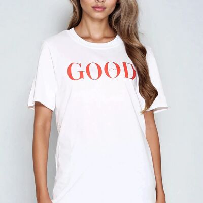 Camiseta blanca de algodón con estampado "Good Vibes"