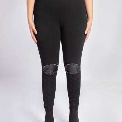 Leggings de talla grande con piel sintética y aplicación de encaje (B108)