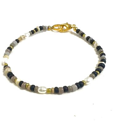 Bracciale nero, grigio, perle