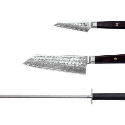Set de Base de Couteaux de Cuisine - Collection Bunka Damas - 2 Couteaux + 1 Accessoire - KOTAI