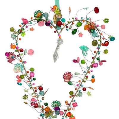 Decorazione a forma di cuore con perline fatte a mano – Ornamento da appendere multicolore con arcobaleno e nastro blu | Regalo per matrimonio, San Valentino e amore (copia)
