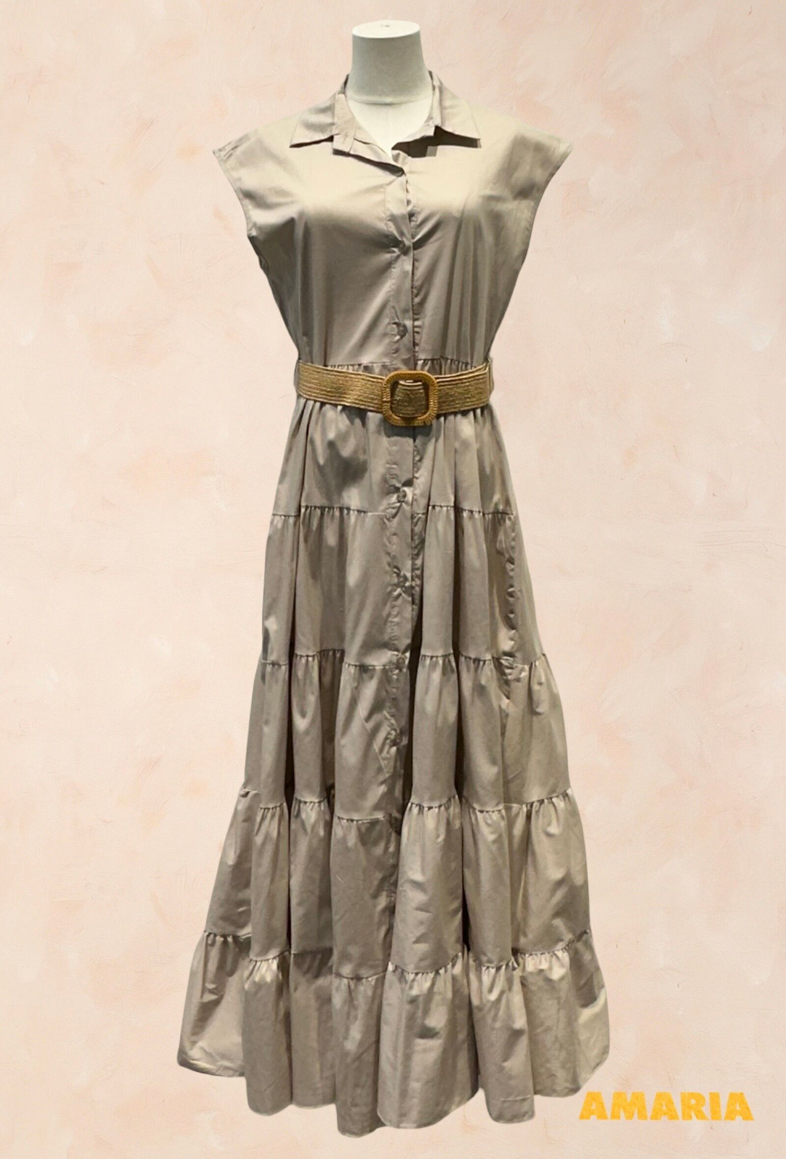 9708 - Langes ärmelloses Hemdblusenkleid mit Gürtel - BAUMWOLLE