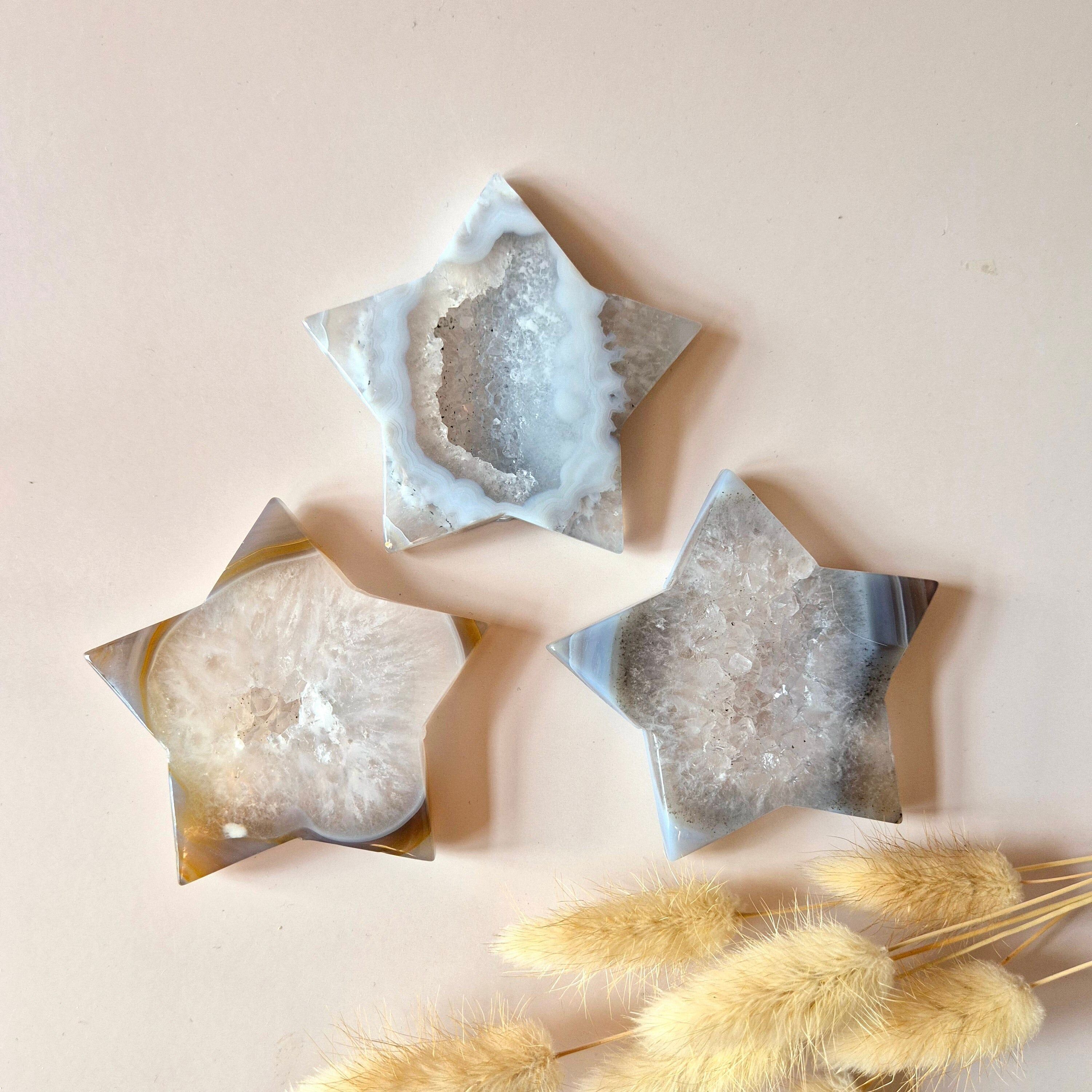 Stella di agata grigia Druzy Gemstone da 6-7 cm | Stella di cristallo intagliata piena di luce e tranquillità