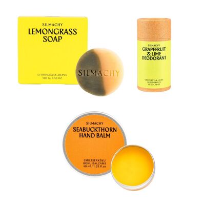Set de descubrimiento para el cuidado corporal artesanal: jabón de limoncillo, bálsamo de espino amarillo y desodorante de pomelo y lima.