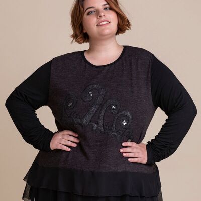Pull grande taille avec volant et motif (A936)